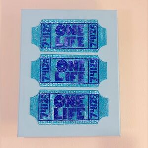 Light & Dark Blue Ticket "One Life" Bedazzled Rhinestone Canvas H 14' W 11'